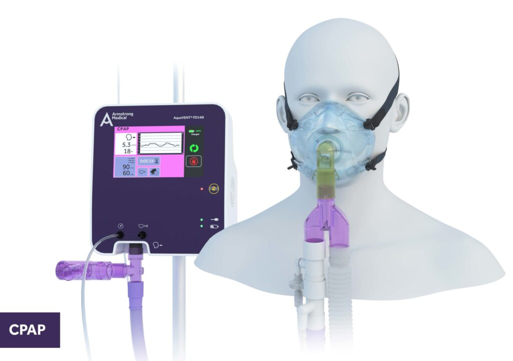 Model wearing a CPAP mask beside an Aquavent Armstrong Medical device