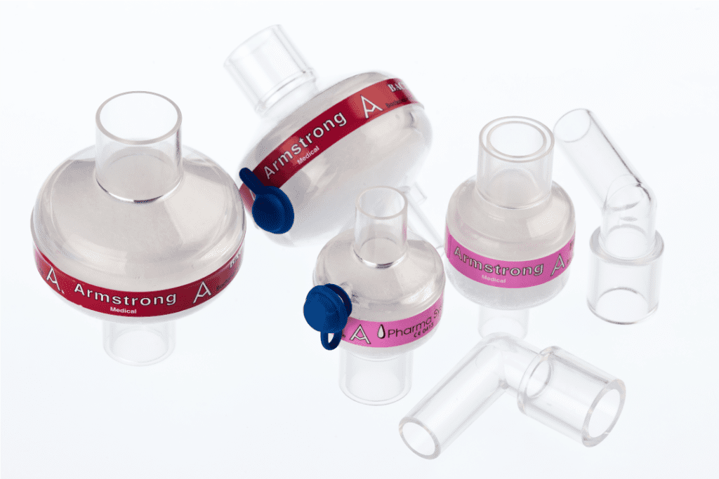 Breathing system filters, HMEs and bacterial filters made by Armstrong Medical for use in respirtatory care.