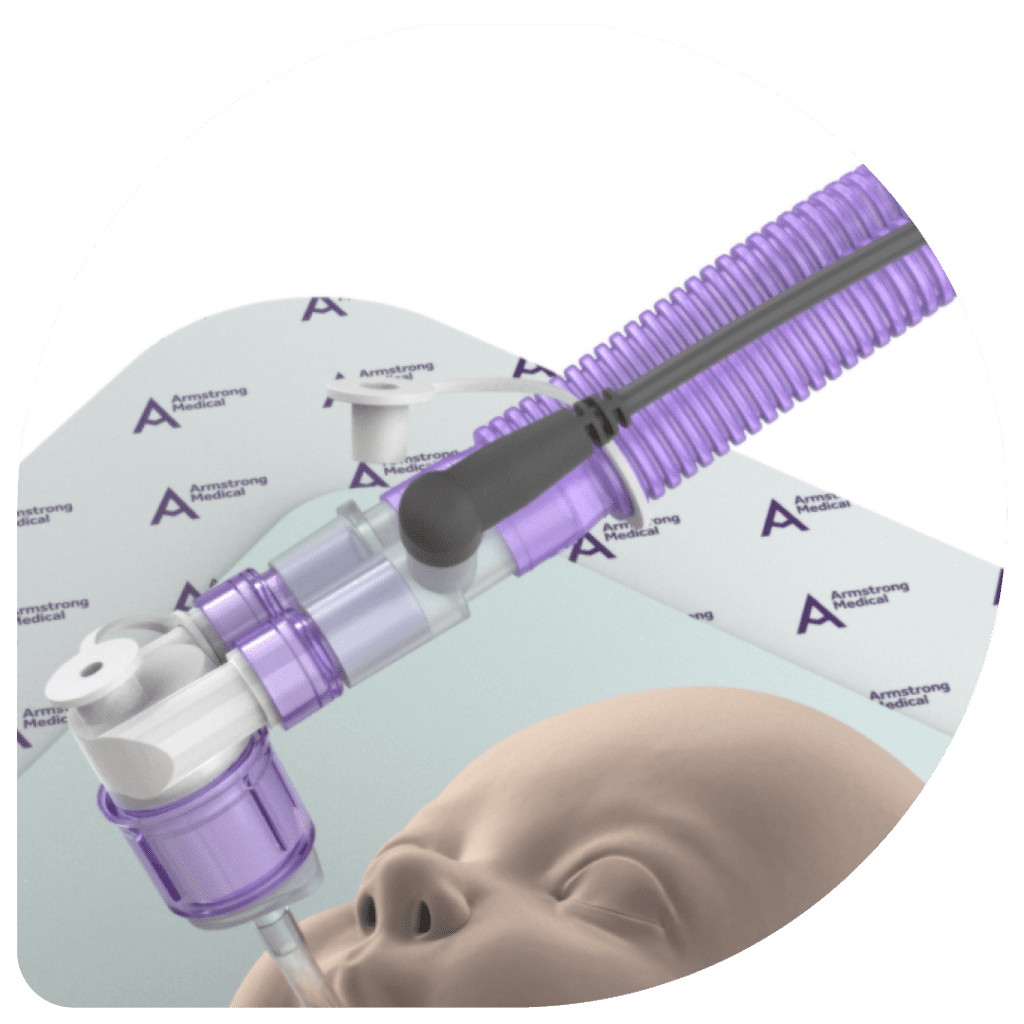 Computer generated image of a baby with Armstrong Medical Vapour Transmission device to show how limbs can be independently repositioned with reduced risk of disconnection.