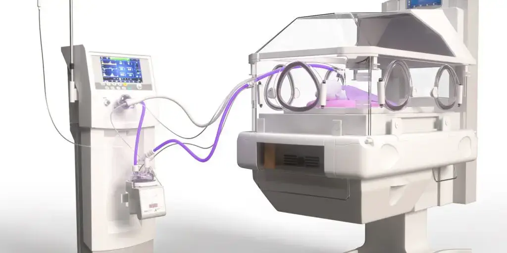 Neonatal incubator with NeoFlow VT ventilator circuits.
